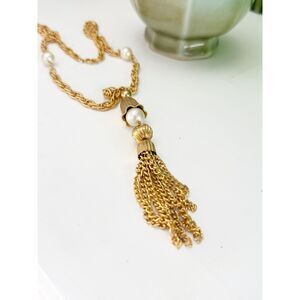 Vintage Mid-Century Gold Tone Necklace w/ Faux Pearls & Tassel Drop 22"